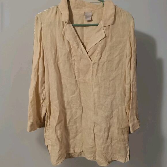 Chico's Tops - Chicos 100% Linen Blouse Beige Sz. 8/10 Minimalist Classic Long Sleeve Pockets